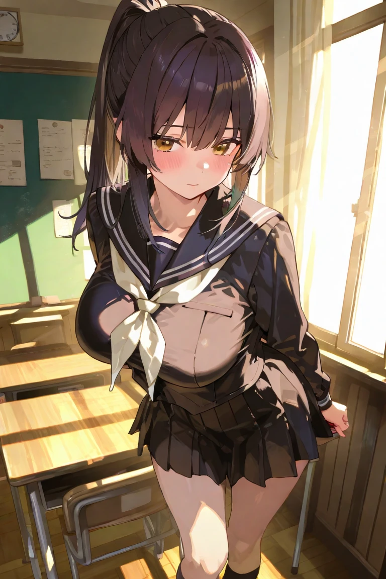 4k HD,perfect,Exquisite,girl,Black ponytail,Small Breasts,full body portrait,((Rope restraints, arms behind the back, hands behind the back, rope restraints, hand restraints, rope restraints, feet rope restraints, groin, slim figurecollar,in the classroom)),((school uniform)),Shy