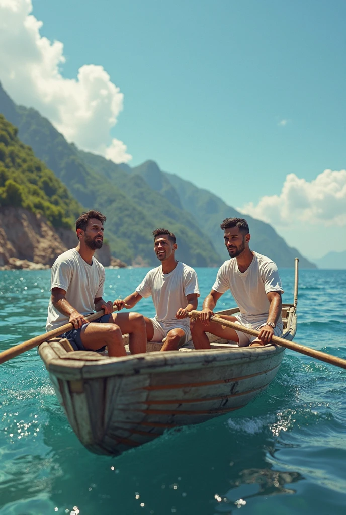 Swim in lake with friends only males and big ship one man stand up in ship



