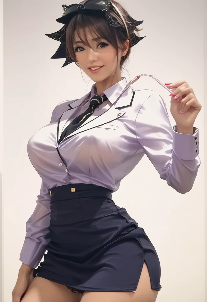 (RAW, best quality, masterpiece:1.5), (photo realistic, intricate details:1.2), ultra highres, absurdres,
1girl, beautiful face, blue eyes, green eyes, detalied eyes, symmetric eyes, light on face, nose blush, short hair, hair bun, black hair tie, 
clk, vest, suit, pencil miniskirt, white shirt, silk scarf, black pantyhose, [:20d, :0.8],
smile, small dimples, sexually suggestive, 
medium breasts, slim waist, slim legs, long legs,
sitting on chair in front of desk, perfect body, good proportions,
looking at viewer, 
(office, indoor, hyper detailed background:1.2), japan, copy machine, file cabinet, computer, monitor,
shiny skin, real skin texture, 
natural lighting, best lighting, detailed background, detailed shadow, sharp focus, depth of field f/2,
saturated, high contrast, strong light and shadow