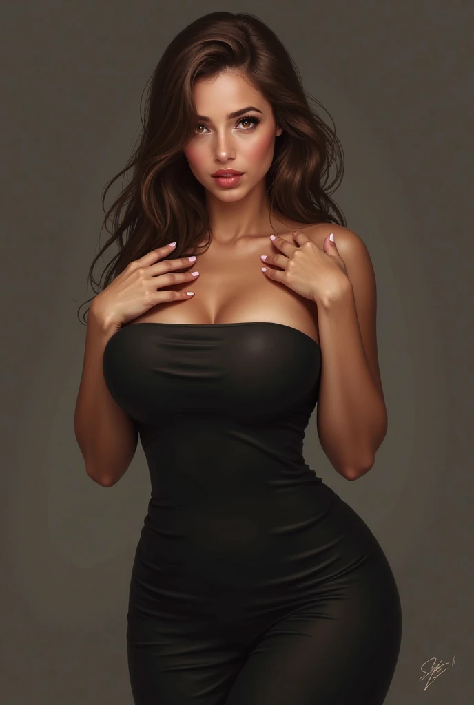 Lucy Pinder, smiling, voluptuous woman, cleavage, ((VERY INTENSE MAKEUP)), Adele, brilliant lipstick, black hair, straight hair, hoop earrings, off-shoulder dress, sequin dress, gray dress, sitting, ((gray lipstick ))