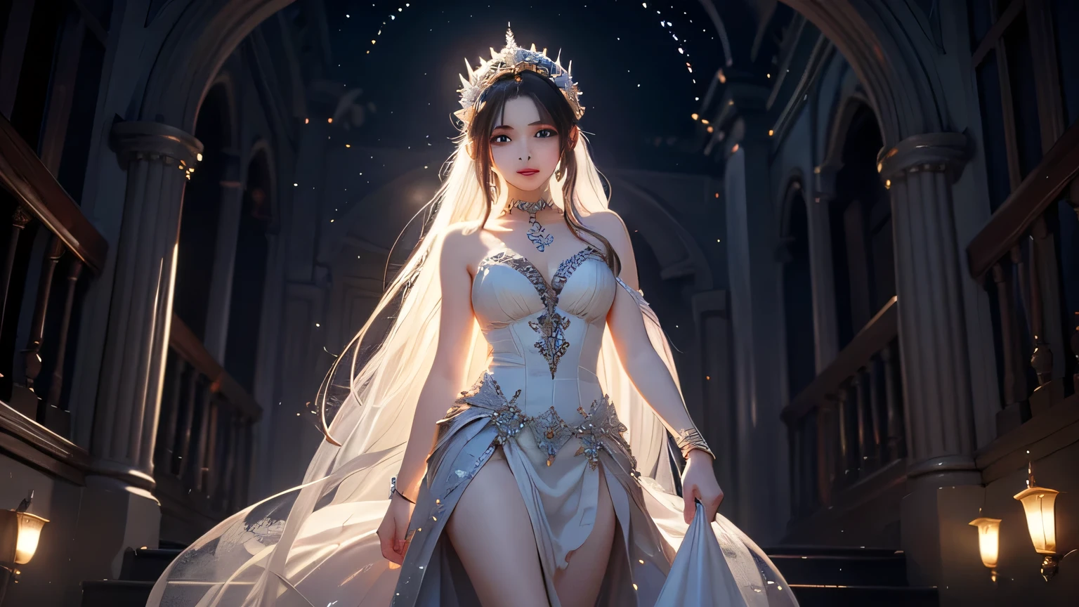 White high-end wedding dress,beautiful bride,The action is charming,A beautiful face,Oriental femininity,White skin of the,Dingdall effect,realisticlying,Digital SLR, softlighting, high high quality, volumettic light, sneak shot, photore --auto