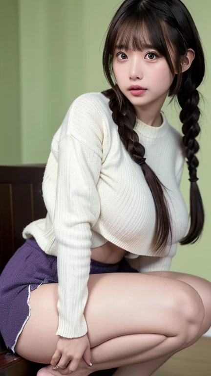 score_9, score_8_up, score_7_up, one girl, solo, long hair, up ponytail, blunt bangs, green eyes, blush, large breasts, cleavage, narrow waist, bow, hair bow, hairclip, x hair ornament, sweater, long sleeves, bare shoulders, off shoulder, sleeves past wrists, holding stuffed toy, looking at viewer, object hug, stuffed toy, stuffed animal, teddy bear, upper body full body (NSFW breasts), hdri, extremely naked, nude, nua, pelada, nsfw, gigantic breast 1.9
