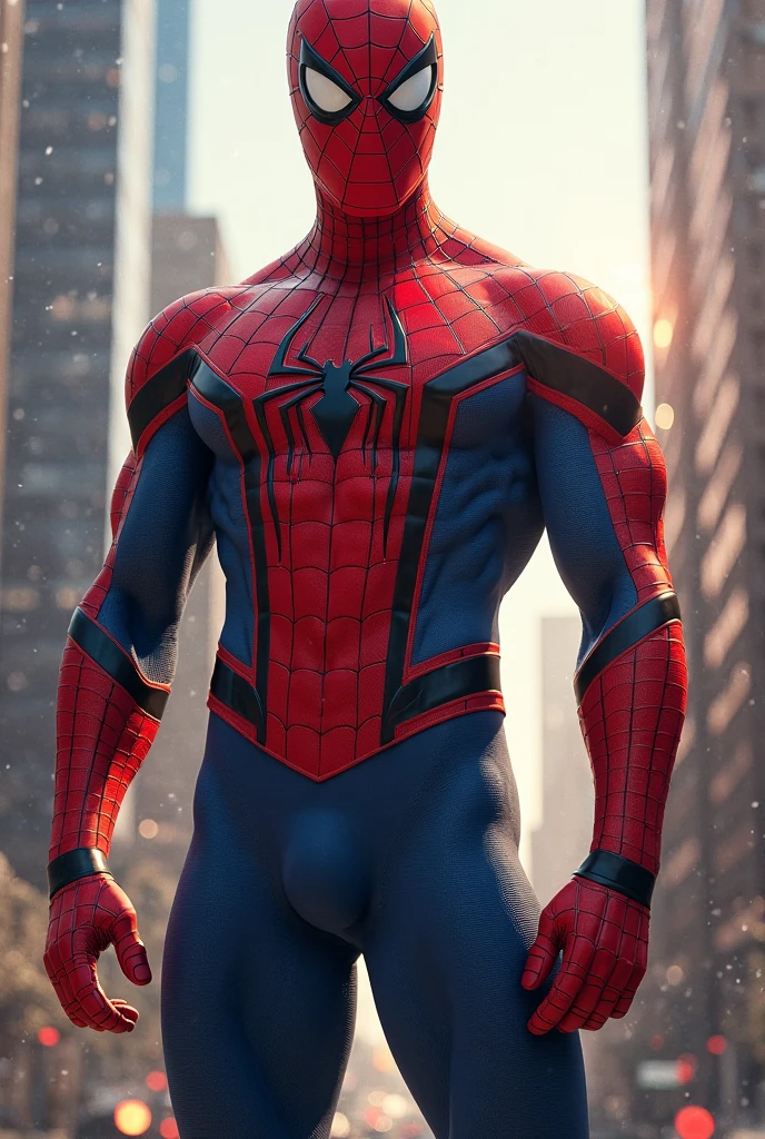 Beautiful man detailed defined body using spider man cosplay, small breasts