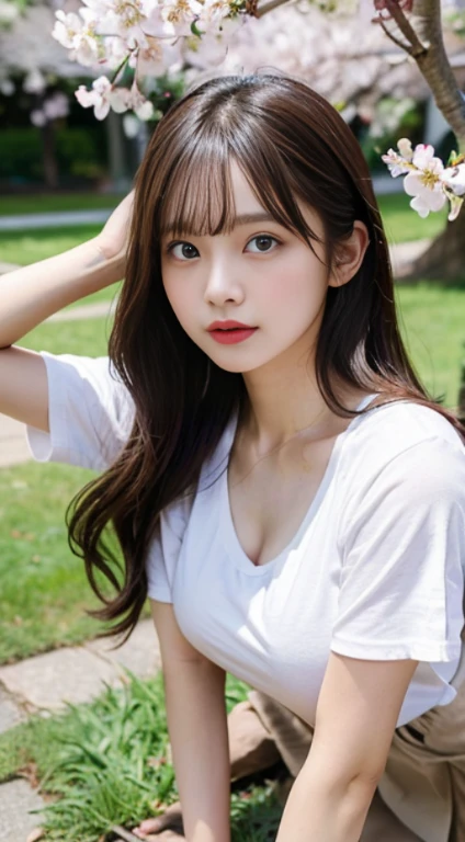 Sunburn marks on tanned skin、blush、Multicolored hair color、Bangs on the face、Bangs between the eyes、Super long hair、Beautiful bright transparent light blue big eyes that are charming and shining、A cute 16-year-old girl with a cute look, A strong wind blows my hair in front of my face、Beautiful big sparkling eyes, Cute eyes hidden by long bangs、Yawn、No visible nasolabial folds、A short, light-colored miniskirt、A cute and colorful summer shirt、Korean Beauty、Dark blush on the cheeks