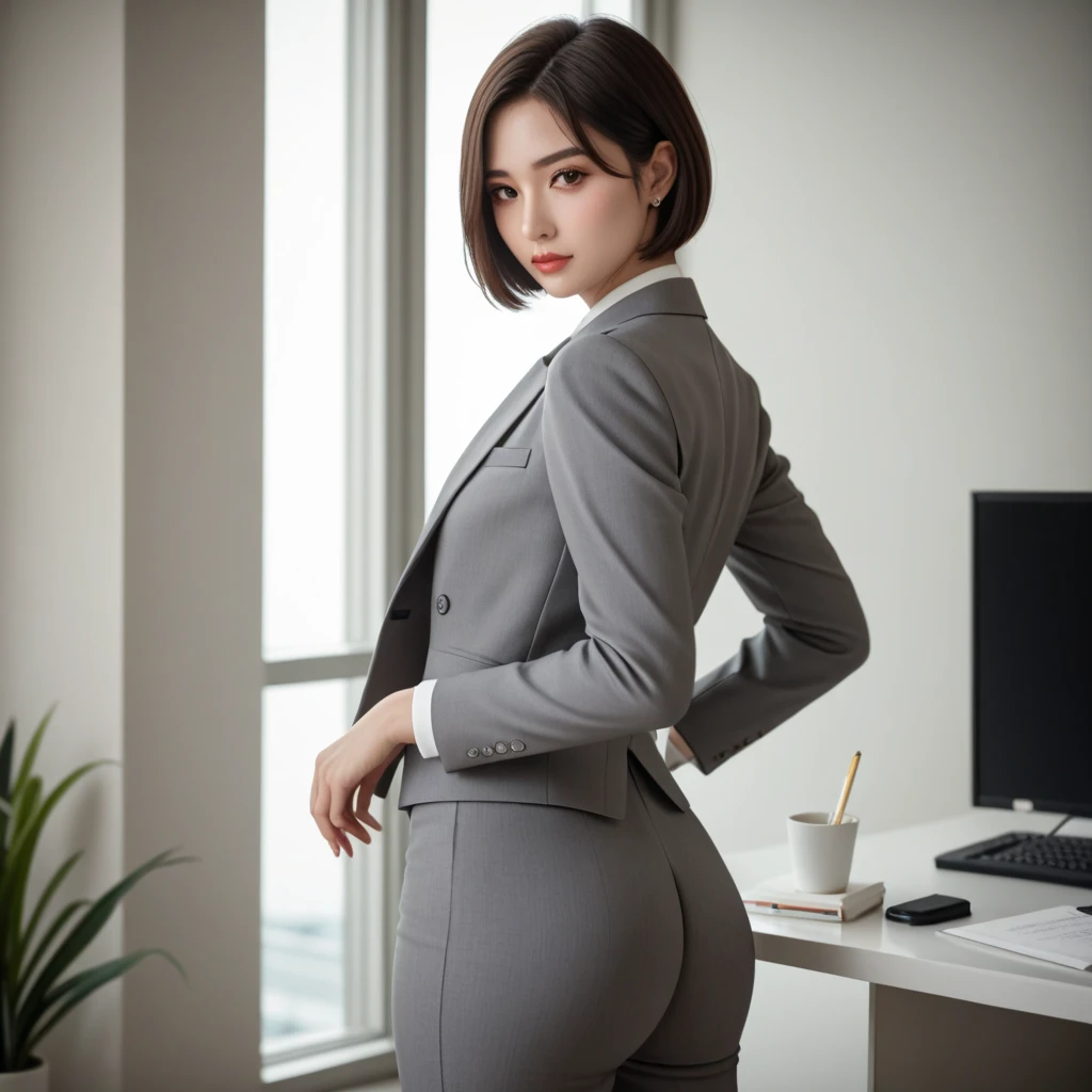(La mejor calidad, 8k, 32K, Obra maestra, UHD:1.2), 1girl, belleza mujer japonesa, cintura estrecha, grey traje, Chaqueta abierta, office lady, traje, pants, from the rear, Sala de oficina, escritorio, (Sacar las nalgas:1.2), Cara detallada, pelo corto,