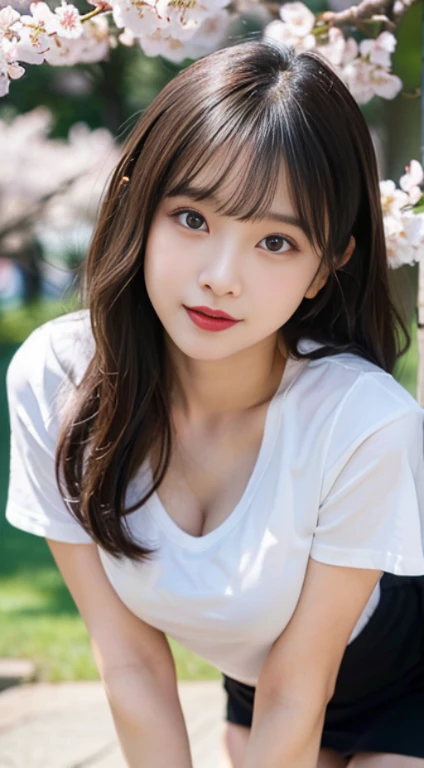 An innocent 20-year-old girl、((Oversized white T-shirt,Dramatic Pose)),smile,shortcut,Park Background、RAW Photos, (8k、Highest quality、masterpiece:1.2)、(Intricate details:1.4)、(Photorealistic:1.4)、Octane Rendering、Complex 3D rendering with ultra-detail, Studio Soft Light, Rim Light, Vivid details, Super Detail, Realistic skin texture, Detailed aspect, Beautiful details in the eyes, Highly detailed CG Unity 16k wallpaper, compensate, (Detailed Background:1.2), Glowing Skin, whole body、From head to thighs、Cleavage,((Get on all fours、Stick your butt out、please put your hands on the ground))