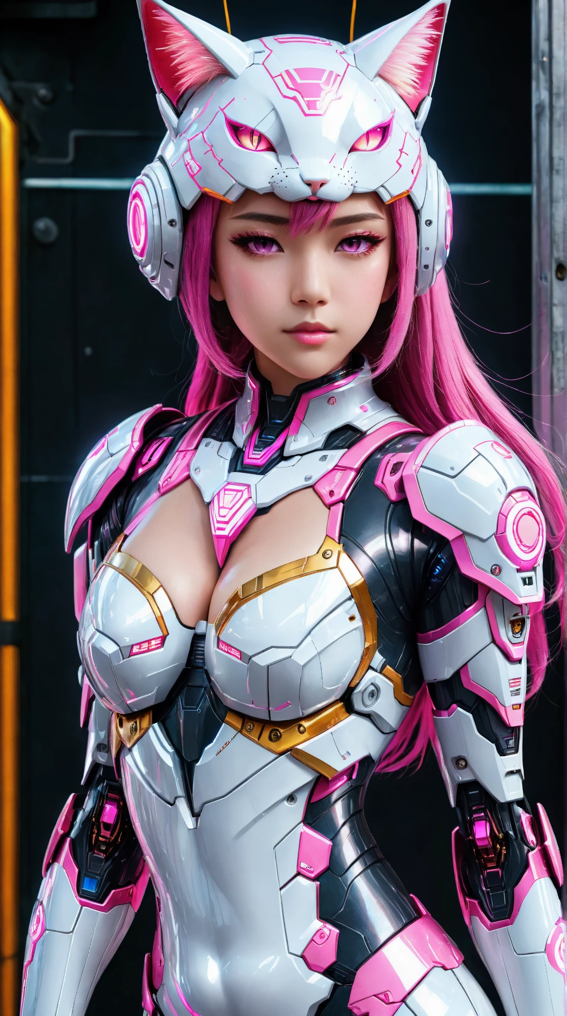 (highest quality, High resolution, masterpiece:1.2), Super detailed, realistic:1.37, (perfect anatomy),1 girl,upper body portrait, A cute and flawless 26-year-old idol、super cute face, (Transform into a cool cyborg),(Close ~ eyes:1.5) ,beautiful skin,(Futuristic design in shiny pink bionylon cyborg leotard and boots),,Red LED,pink short hair,,idol makeup,Detailed connection lines, Wires and cables connected to the main unit, cybernetics, cyber punk, intricate decorative details, Spotlight,The background is the interior of a robotic operating room...