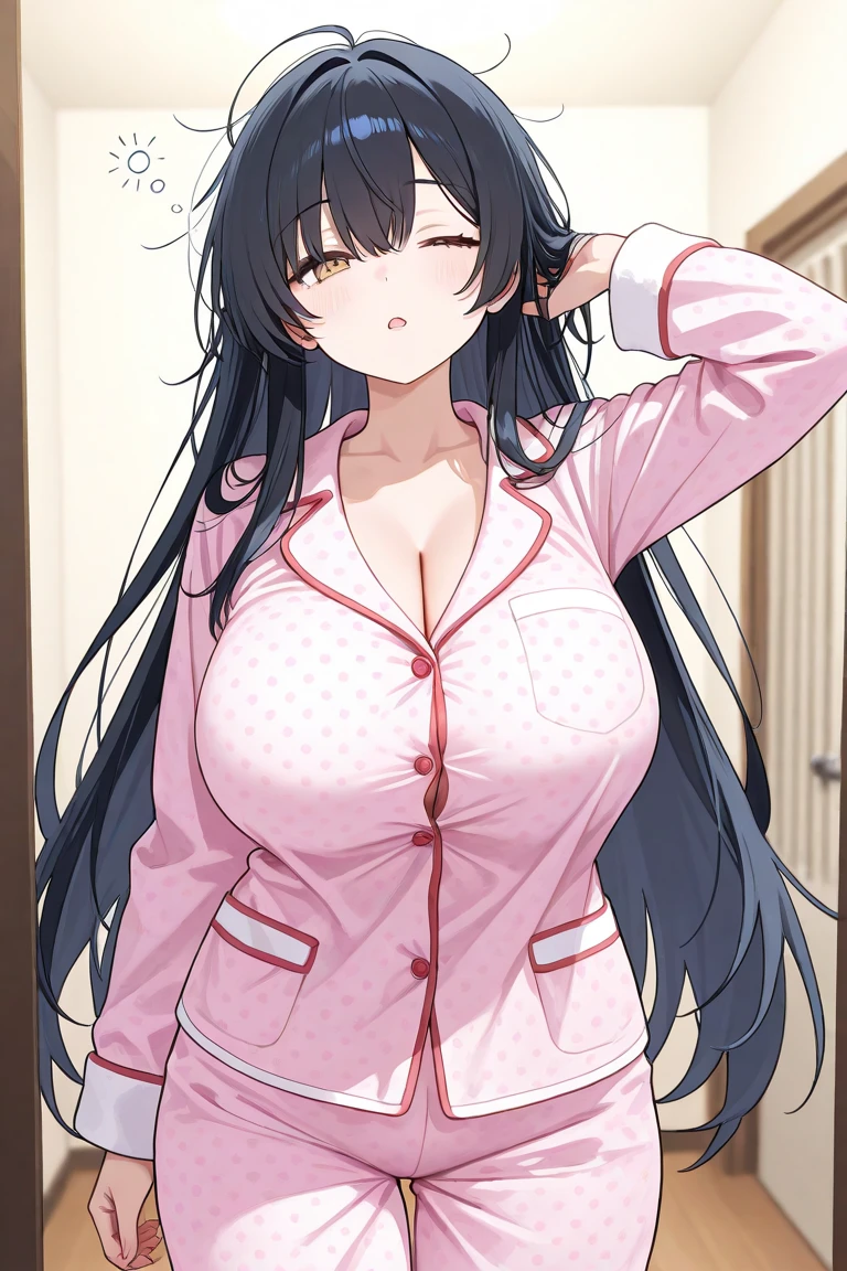 Misako amamiya,perfect ,realistic skin,black hair, long hair, (hair over one eye:1.4), messy hair, hair between eyes, hairclip,plump, chubby,fat, saggy breast,cute motif pajama, cute shy blush on