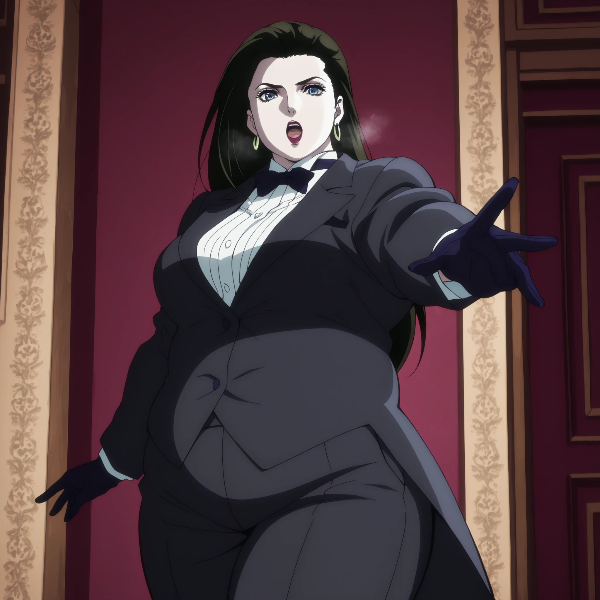 masterpiece, best quality, very detailed, , masterpiece, best quality, eyelashes, (Beautiful Eyes), cowboy shot, anime, Official Illustration,Lisa Lisa (character), 1girl, solo, dark brown hair, blue eyes, long hair, big chest,lipstick,anime coloring, tuxedo tailcoat, butler, pants ,, woman in a formal suit,she's looking at the camera with a calm smile,,, indoors,smile,, gloves ,masterpiece,best quality,amazing quality, ,,reaching at viewer,,,,fat, chubby, obese, gigantic arms and legs, large breasts open mouth, out of breath
