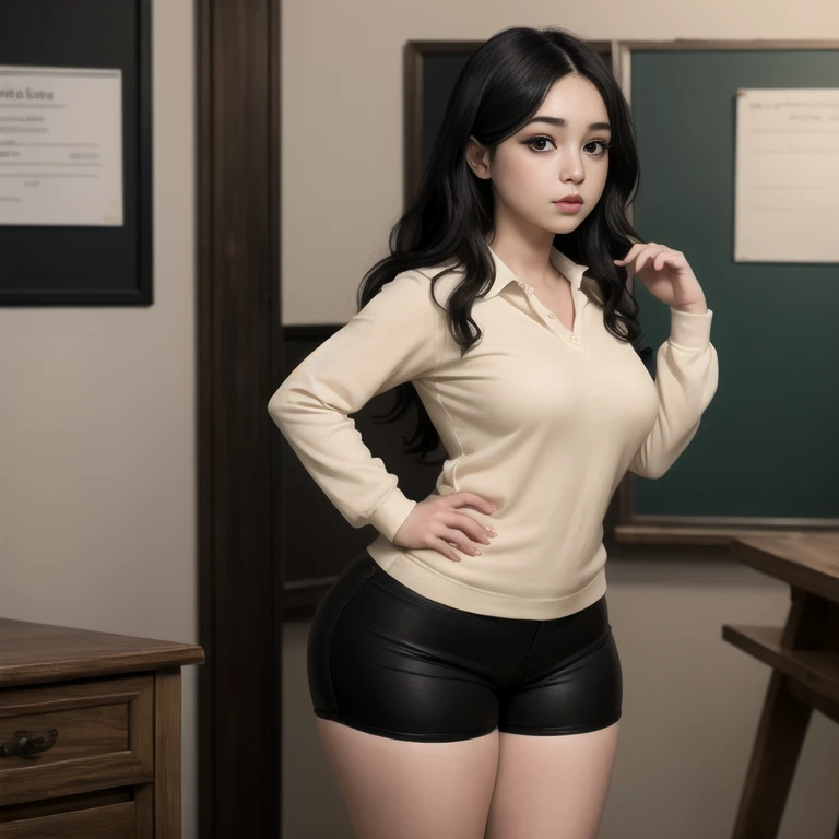 25 years , rusian, ((Brown hair)), small breasts, ojos almendrados, Plano de cuerpo completo, sweater negro manga larga, minifalda gris plizada, trazado de rayo, ((Melena extra larga con flequillo)), HDR, ((muslos muy gruesos y jugosos)), ((caderas muy anchas)), ((cintura muy delgada)), 4k, realistic, charismatic, very detailed, there is a girl in the classroom, alone, dressed in a school girl costume, she is a school girl, angel face, school theme, ((blonde extra large hair)), full body, (detail in the eyes), (detail in the face), ((small breasts)), incredibly beautiful, ((blue eyes)), blush, ((makeup)), ((red lipstick)), ((miniskirt)), (wide hips), (thick thighs), ((small breasts)), (short uniform), school girl, seductive pose, (extreme hourglass figure), thin, svelte, ((boots)), ((tight black t-shirt)), angry