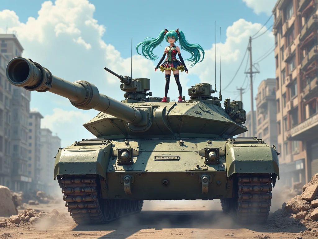 A cute anime catgirl in a colorful bikini happily riding on the turret of a massive armored tank, the tank's color scheme matching her bikini, detailed cityscape of Tokyo in the background, vibrant neon lights, highly detailed, hyper realistic, 8k, masterpiece, cinematic lighting, dynamic composition, lively colors, photorealistic