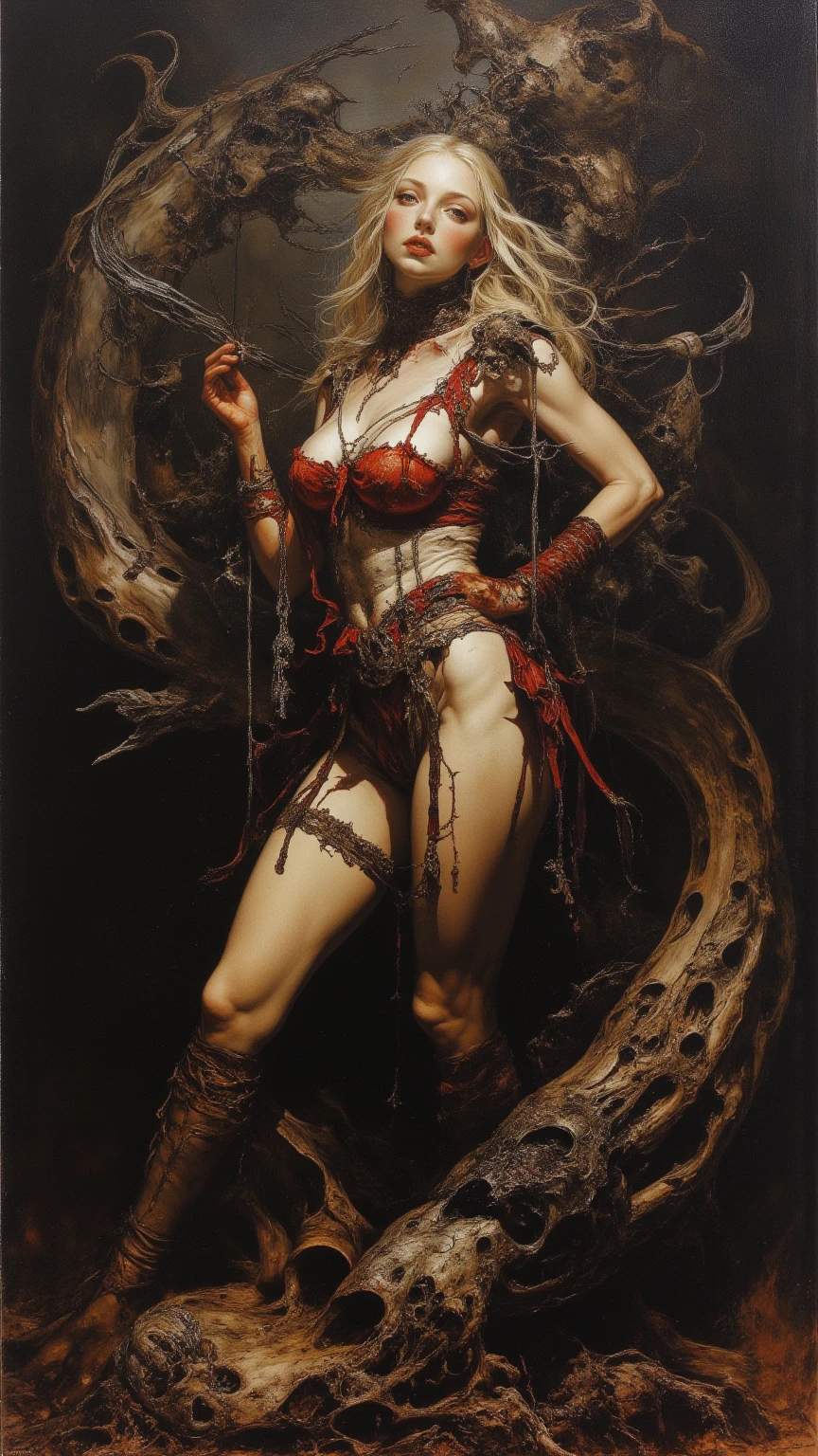 ((1woman)) whole body, standing, gray skin, drow, elf, 1 girl, maduro, purple eyes, by white, black bikini, ABS, Large knockers, tattered rags, chain collar, stomach tattoo (red tattoo)