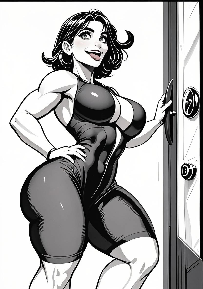 lineart, monochrome, a drawing of a tomboy woman in a black sport shorts, muscular abs girl, female arms character, sci-fi, feminine and muscular, makoto, white, fubuki, (thin waist), ((curvy)), ((wide hips)), big long curly black hair, sexy, muscular thighs, full body