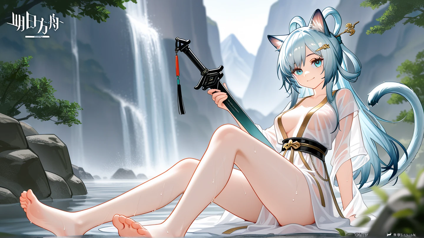 (1girl, white hair, ponytail, long hair, blue eyes, ahoge, baby face, beautiful eyes, droopy eyes, loraeyes, fox ear), BREAK ,(small breast, beautiful breasts, rounded breasts, japanese clothes, detached sleeves, hakama short skirt, shrine maiden), BREAK, (outdoor, waterfall, moonriver, star night), BREAK , (looking at viewer, best quality, masterpiece, Highly detailed, very high resolution, 8k, detailed beautiful face, high resolution, highres, super fine illustration, professional lighting, nice hands, perfect hands, Professional)