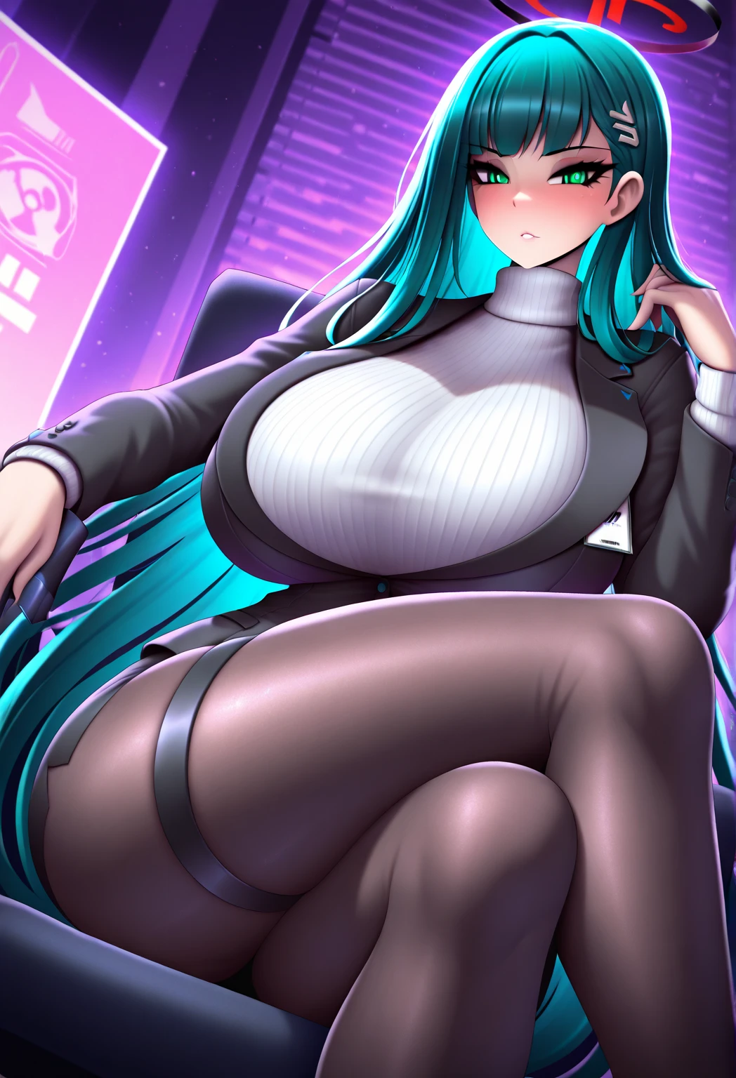 1girl, large breasts, thick thighs, yellow eyes, wide hips, (black hair), colored inner hair, (colored inner hair), green hair, smile, long hair, black bodysuit, bodysuit, race queen, bare legs, shoes, green trim, science-fiction, futuristic, neon, tech, neon lights, neon trim, machinery, sitting, crossed legs, (ass), ass, cleavage cutout, cleavage, floating
