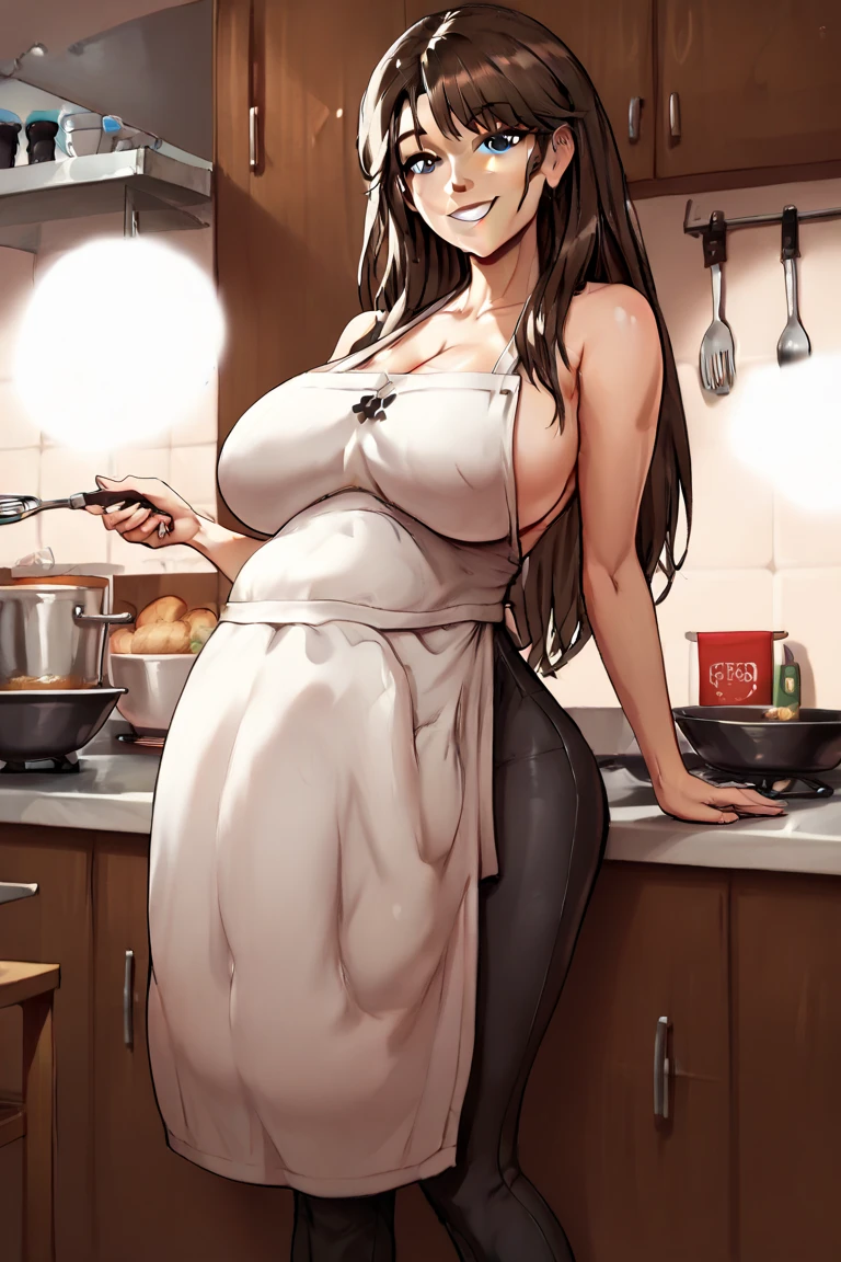 1girl, solo, black hair, butterfly hair ornament, (naked:1.3), (white apron), large breasts, cleavage, thighs, cafe background, (blushing:1.3),brown eyes, Carla Yeager , smiling, standing, arms up, realistic eyes, perfect shaped beautiful body, Carla Yeager