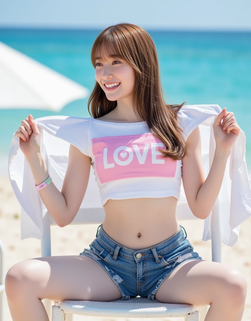 (original photo, high resolution, best quality), beach，seaside，Only thin underwear，Remove as much clothing as possible， (Exquisite and beautiful eyes and exquisite face, slender figure, thin waist, Beautiful belly),Papaya milk , big breasts,Highlight the breasts， (((t-shirt))), (shorts), charming,Smile， Pink shiny lips, ((Orange and pink sweep shorthair cat)), perfect style, Extremely detailed CG unified 8k wallpaper, Surrealism, super detailed，big breasts，The breasts are bigger and slightly fatter，nude，very feminine，Less clothes，very feminine，Smile，Naked room，beach，Undress，Wear as little clothing as possible，Buttocks raised，girl，sunshine on face，Only thin underwear