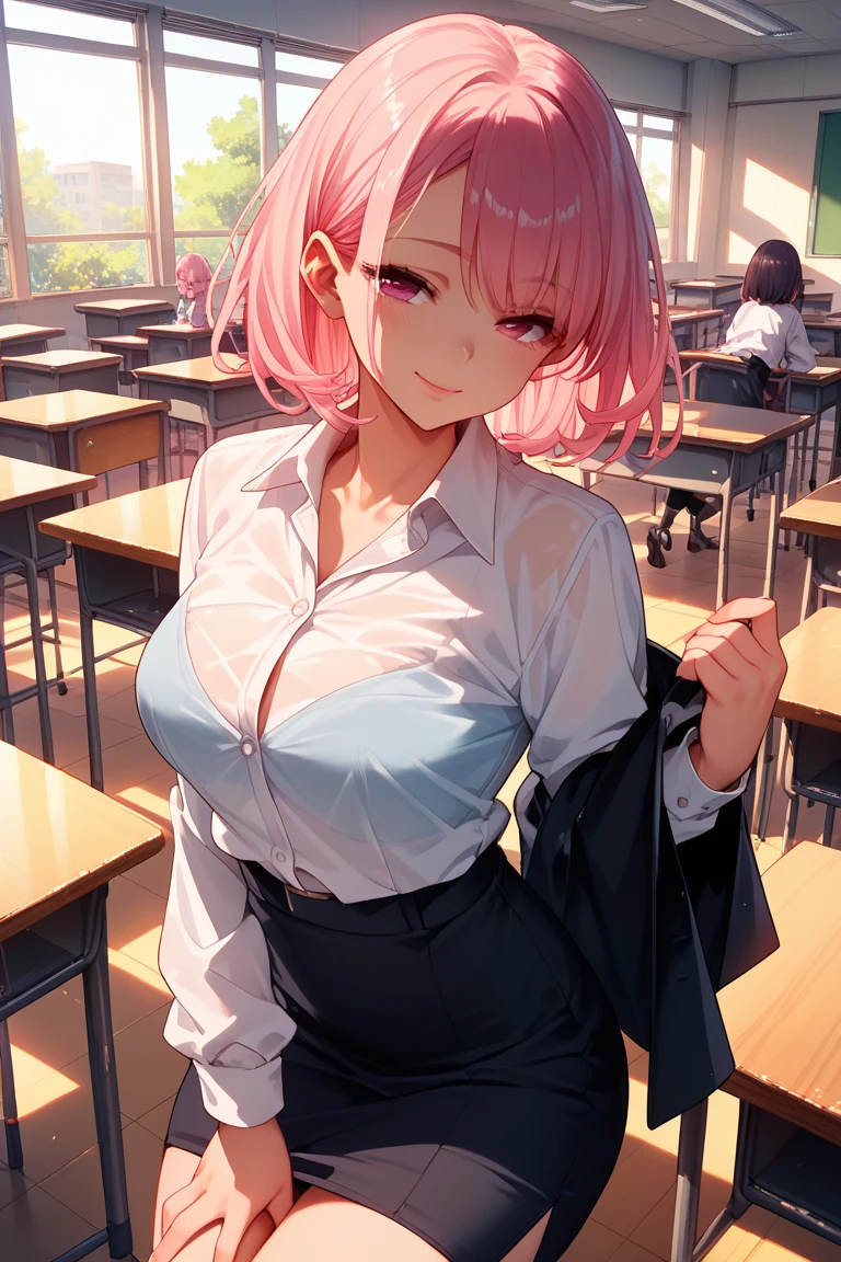 masterpiece, best quality, finely detailed, 1girl, pink_rose hair, pleated skirt, (school uniform), huge breasts, cleavage, classroom,