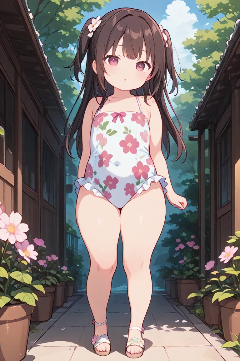 chii, 1girl, solo, brown hair, medium hair, parted bangs, forehead, brown eyes, blush, one eye closed, tight bikini, full body, crossed arms, looking at viewer