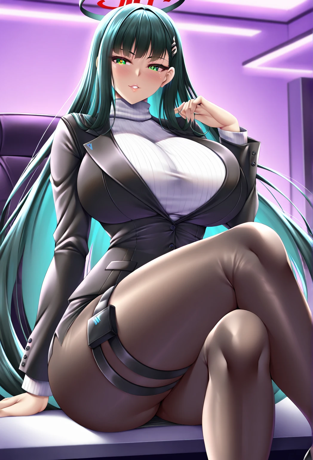 masterpiece, best quality, ultra-detailed, kawaii, cute, lovely, sexy, extremely detailed, 4K, 8K, best quality, beautiful, anime style, evening, a cute girl, 1girl, solo, beautiful eyes, large breast, smugness, blush,corruption,Mayumi Saegusa,(clothed),(leather jacket,naughty expression,denim shorts),groin,(tight suit,Fishnet tights,high heels),m legs