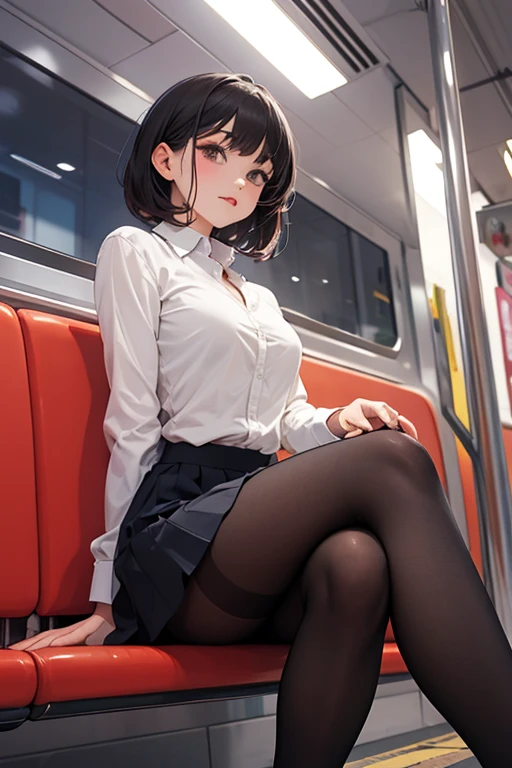Woman in her 20s,,Bangs are all lined up、Brown hair, shoulder-length hairstyle, eyes closed, mouth open, my sleeping face and plump lips., Lips shining with lipstick、slenderbody、
Drunk, I was sitting on the long seat of the train....., she wears a tight miniskirt and red high heels.、I hit my head on the back window and lost consciousness..。her blouse button, lying sprawled out in the aisle, Solved.、The chest is open.her panties are visible through her open skirt.。
MComposition from below with legs spread in a straight line.Full body image from head to toe, facing forward.