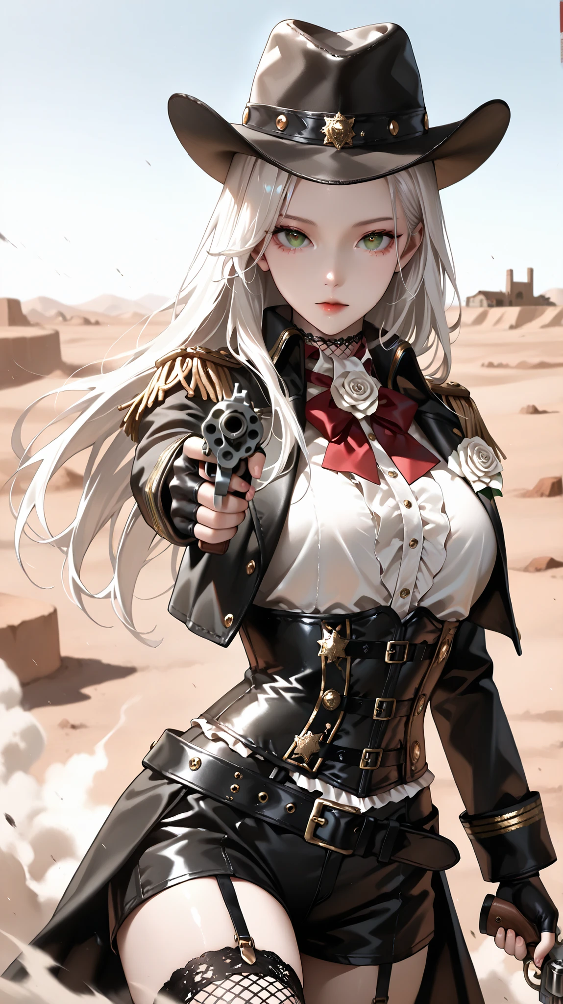 masterpiece, best quality, vibrant, very aesthetic, high contrast, semrealistic, newest, koreanai, best_quality, finely_detailed_eyes_and_detailed_face, (1 girl), solo, long_hair, straight_hair, no bangs, forehead exposed, green_eyes, BREAK, sheriff, black_cowboy_hat, black_military_jacket, gold_trim, white_cravat,layered neck bow with long lace, shoulder_epaulettes, white_rose_corsage_on_left_chest, tight_waist_jacket, black_corset, leather_underbust_corset, tight_waist_corset, decorative_corset_belt, asymmetric_white_sash , black_shorts, gold_edge_trim, (fishnet_stockings), high_waisted_corset, fingerless_gloves, BREAK, western fashion, ornate_clothing, BREAK, looking_at_viewer, BREAK, looking at viewer, expressionless, holding_revolver, incoming attack, BREAK, white_hair, desert, western village, dust