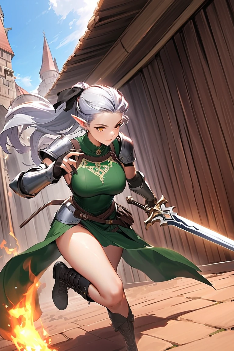 A woman in a green dress and brown boots holds a sword, elf princess knight