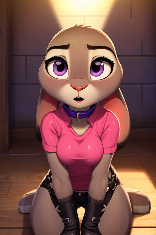 (uploaded on e621,8k, raw photo,High resolution,high quality), ((masterpiece)), female, ((thin judy hopps)), (wear a cute shirt), crawling, They are over, pink collar, (cola) (cinematic lighting), backlighting, ashamed, humiliated, (shading), decolaed background, by dagasi, (by personals), beautiful purple eyes, thick leather gloves, leather cuffs,