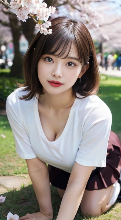 An innocent 20-year-old girl、((Skirt, White T-shirt,Dramatic Pose)),smile,shortcut,Big Tits 1.5、Park Background、RAW Photos, (8k、highest quality、masterpiece:1.2)、(Intricate details:1.4)、(Photorealistic:1.4)、Octane Rendering、Complex 3D rendering with ultra-detail, Studio Soft Light, Rim Light, Vivid details, Super Detail, Realistic skin texture, Detailed aspect, Beautiful details in the eyes, Highly detailed CG Unity 16k wallpaper, compensate, (Detailed Background:1.2), Glowing Skin, whole body、From head to thighs、Cleavage,((Sit on a bench))