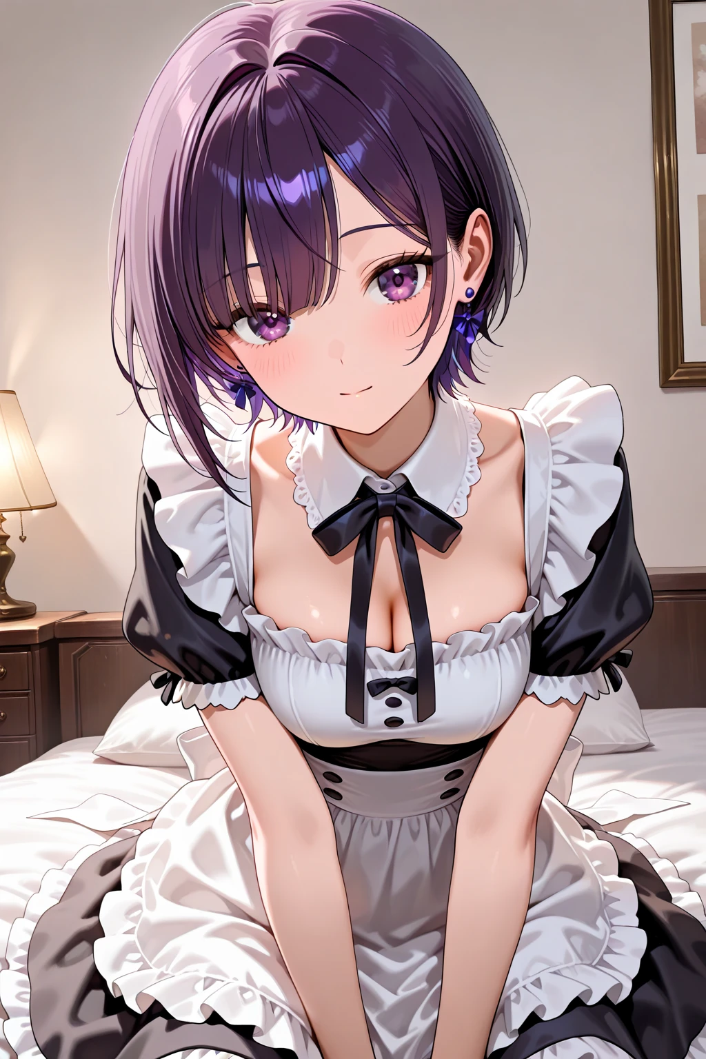 dressed as a maid, showing tight panties, pussy swallowing av, SIN , breasts big, with a naughty face, purple short hair, very blue blue eyes , short purple hair , showing her big pussy, with large vagina , innocent chinese , excite , sit on my lap , with speech bubble written like this: How can I help my master? , In Portuguese , translated into Portuguese