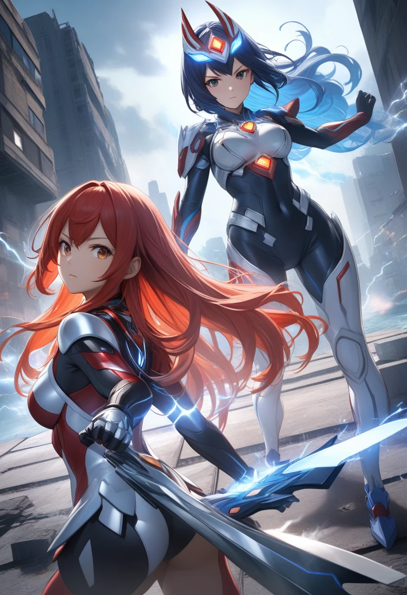 realistic,highest quality, ultra detail, High quality CG drawing, The most delicate and beautiful, Floating gently, High resolution, (1 girl), (Highest image quality,4K,8K,masterpiece:1.2),(red hair:1.5), (short bob:1.5),(wavy hair:1.4),,(red eyes:1.5), (ultra girl:1.0), (blue ultraman bodysuit:1.4),(slightly bigger breasts:1.5),Upper body,(clenched fist:1.2),(put both hands on hips:1.2), red gloves,red shoes,(trained abdominal muscles:1.3), Turn your back to your audience:1.3),butt