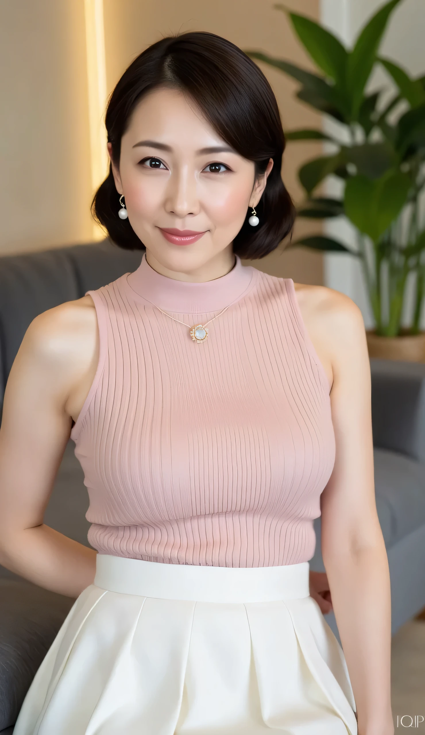 Attractive Mature Woman, ( detailed description of the hair), ( detailed description of the face), ( body that reached its climax ), High Definition , Masterpiece, Top Quality,( She's a Housewife 、I sit cross-legged on the sofa and look at me with a smile:1.5)、((luxurious deep living room、Luxurious lighting and TV、Foliage plants and sofas:1.3) (Head to Knee Composition:1.6)、beautiful legs、(gentle smile:1.3),Highly detailed, formal: 1.4),, (realistic:1.2, ultra realistic:1.1, realistic:1.37), ( sharp concentration:1.4), depth of field, Physically Based Rendering, (J-cup big big boobs、Cleavage:1.9), sadistic get, (Short bob hair with well-groomed black hair:1.8), Unrivaled Beauty, ultimate beauty), ((Sleeveless with a pink turtleneck、breast bulge、White long pleated skirt :1.7)), (50 years old), Japanese,, 、Fine laugh lines  :1.2,、（necklace、earrings:1.3)