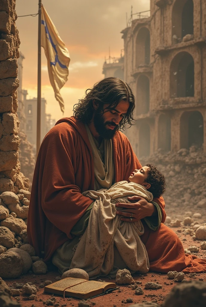 Jesus comforting a child in a war-torn area on Earth
