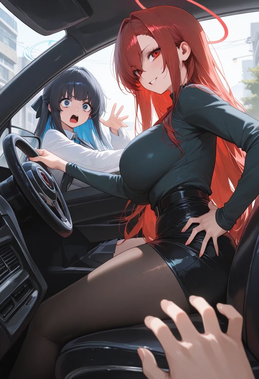 sexly, long red hair, brown eyes,big , narrow waists, erotic look, Torn clothing, thigh highs, tight vagina, thight asshole, cum on face,(backdrop: Car back seat),Mouth wide open, porn, hentai, (Realismus 1:2,50), (Acting extreme Deepthroat with a man),(doggystyle)