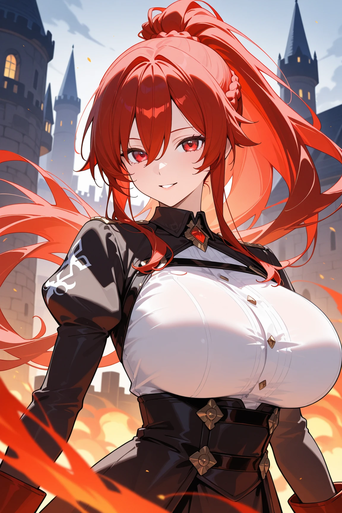 (masterpiece), best quality, expressive eyes, perfect face,Diluc_(genshin impact),red hair,wavy ponytail,cleavage,big breasts,((red and black maid uniform:1.3)),(black stockings),(thigh gap:1.5),bracelet,smiles,winery,barrels,fantasy background,studio lighting,standing,cowboy shot,looking at viewer, eyeshadows, eye liner,glistening eyes, hyper detailed eyes, intricate eyes, beautiful eye,((glowing red eyes)),standing,seductive pose,bangles,earrings