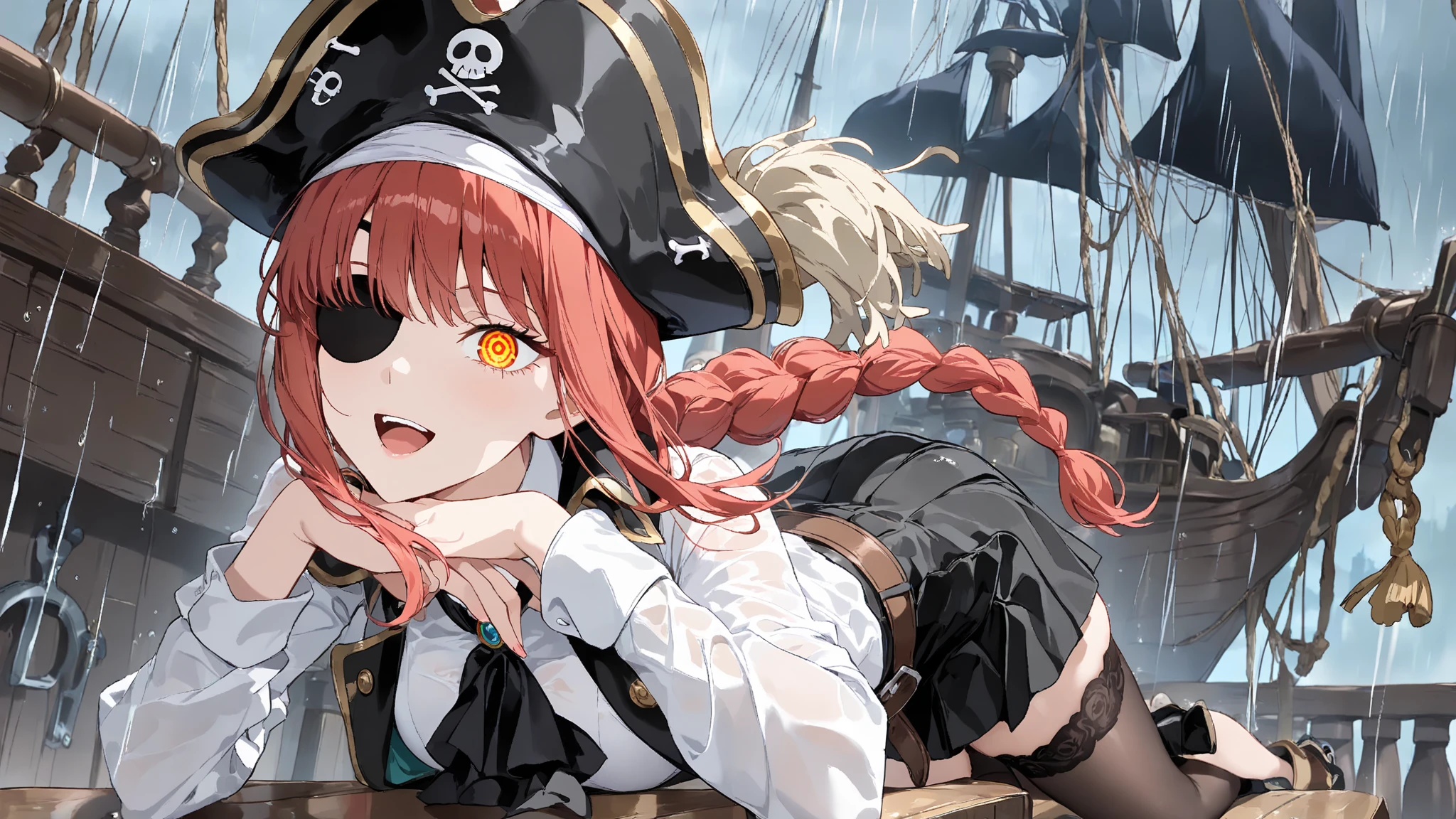 (Masterpiece. The best quality. 8K. Sharp focus. Depth of field, The best shadows. Perfect lighting. HDR. Realistic skin texture. Ultra-detailed background. Detailing). Anime style. Honkai: Star Rail. March 7. 1 girl. Fiery red hair, short hair. Azure blue eyes, beautiful eyes, beautiful eyes, expressive eyes. Beautiful nose, perfect facial features. Perfect anatomical body, slender figure, second size breasts, beautiful breasts, thin waist, rounded hips, beautiful long legs. Pirate hat, white blouse, pirate pants, Uniform cloak, shoulder straps with the Jolly Roger, knee-high boots, wide belt at the waist. Sad, lonely. Tears in her eyes, crying, Sitting on the bow of the ship. Sitting with her knees pulled up. Sitting hugging her knees. Sitting at full height. Rain. Soaked through in the rain. Concept art. Looking at the viewer. Full-length. Full body.