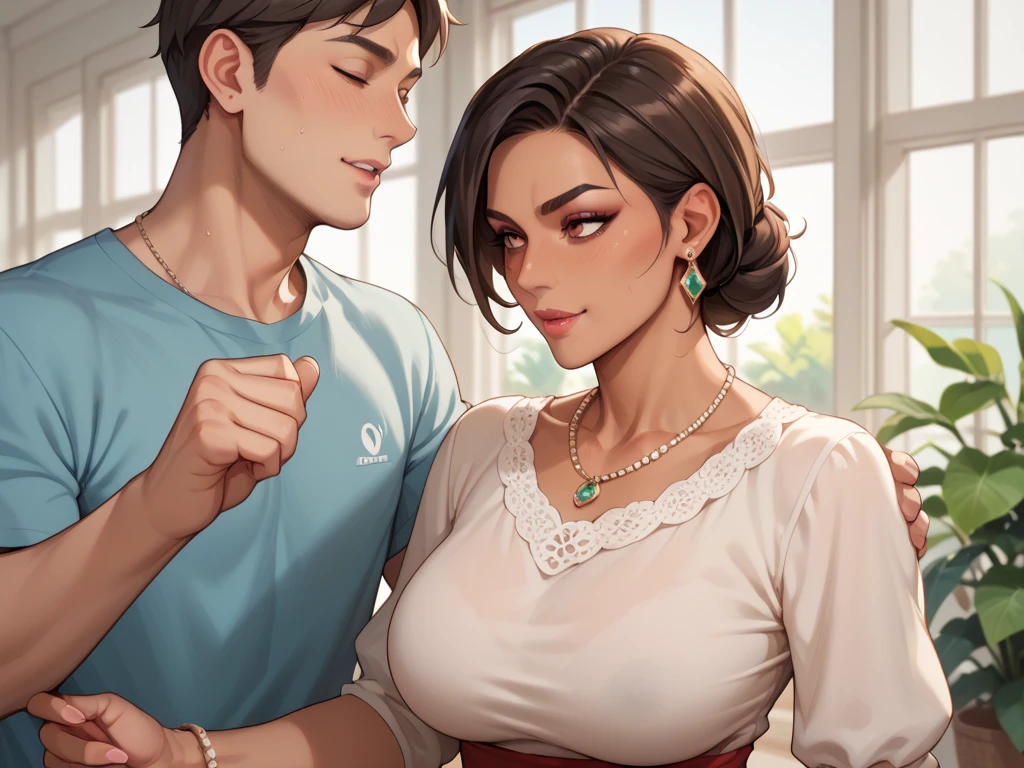 Amazing portait of a hot next door neighbour with her hair tied in a messy bun wearing an off shoulder checked olive green shirt that is unbuttoned and oversized kissing and making out passionately with her male neighbour on her bed in an intimate setting