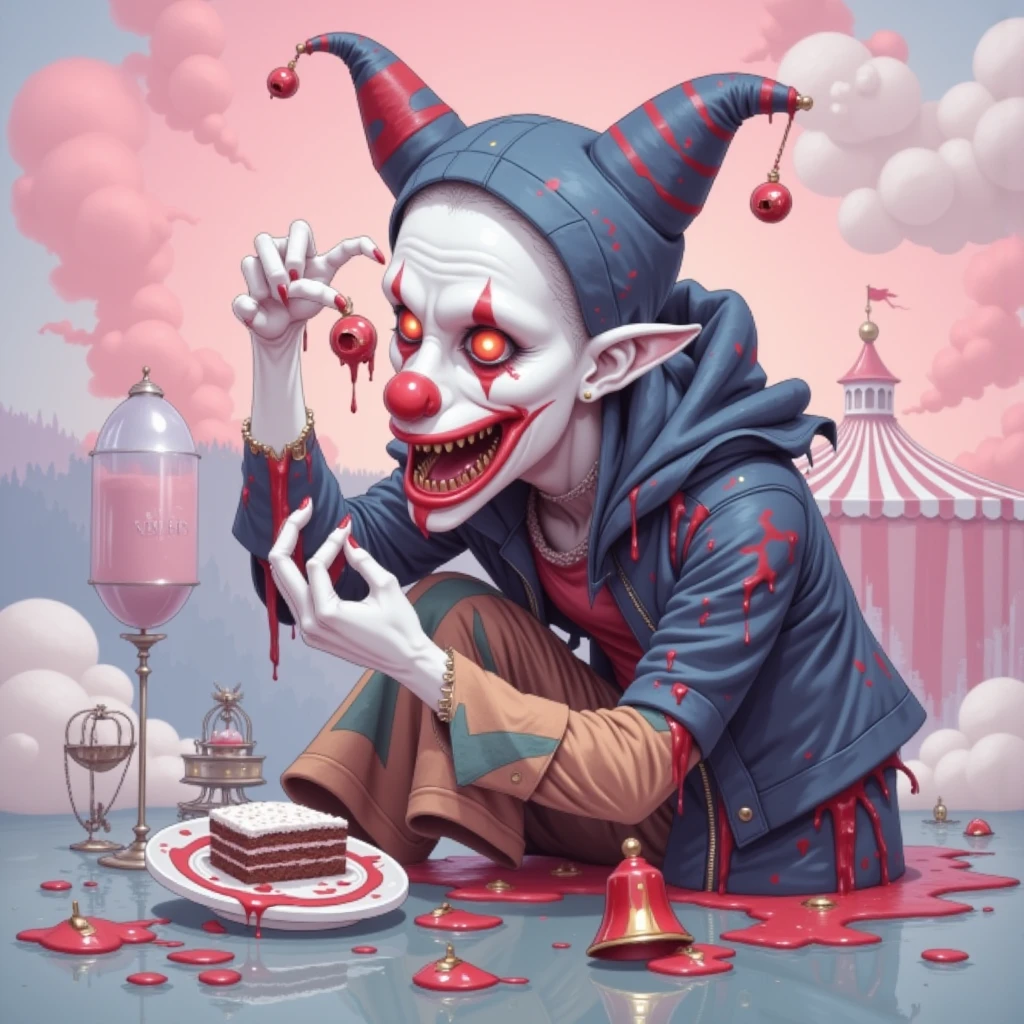 Man dressed as a clown is eating with a rabbit, official arte the fan, inspired by Jeon Jungkook, Halloween art style, dark but detailed digital art, arte the fan, I cheat the deal, alice in wonderland cyberpunk, halloween atmosphere, official work, high quality upload, Jeon Jungkook in a garden eating with a white rabbit