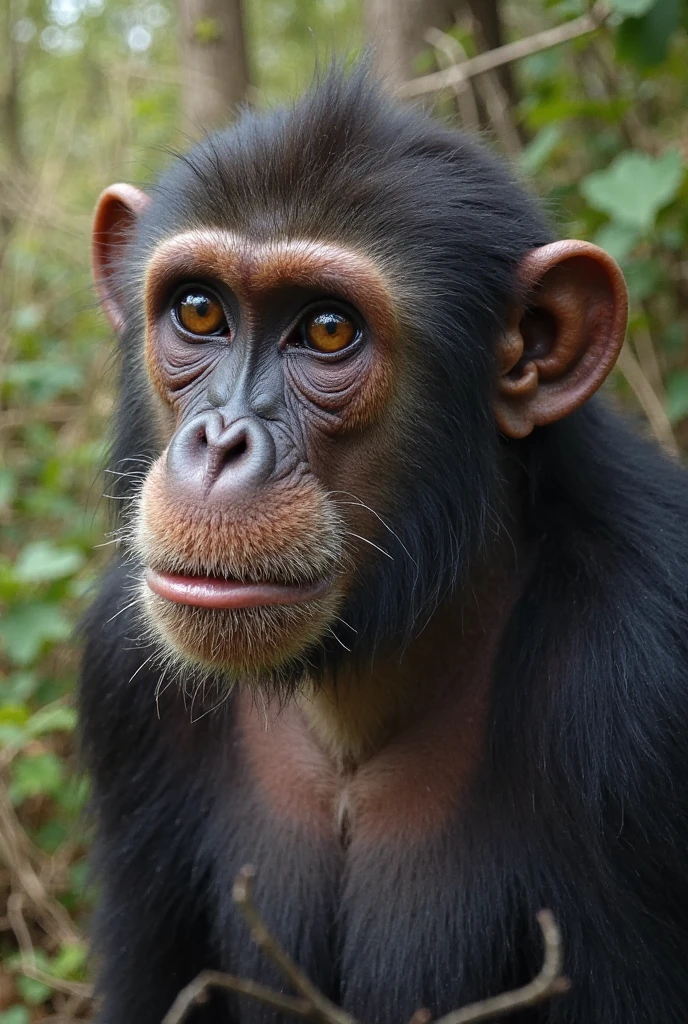 Por favor, generate an image that depicts a surreal environment where a realistic chimpanzee monkey is sitting in front of a modern computer. O computador exibe uma tela cheia de bananas, Creating a funny and unique scene. The chimpanzee monkey seems to be curious as he looks at the bananas on the screen, como se estivesse interagindo com elas. Ademais, The monkey also has a zombie aspect, com olhos e pelagem em tons estranhos, adding an element of mystery and fantasy to the scene. Be sure to include plenty of detail in the monkey's facial expressions, in the textures of bananas and the appearance of the modern computer