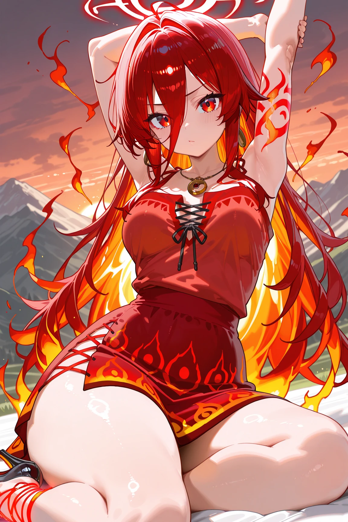 ((Sketch)), (Watercolor), 1girl, long red hair, drill hair,, red eyes, beautiful eyes, pointy ears, detailed lips, pout, choker, collarbone, bare shoulders, small breasts, wide hips, (black revealing clothes with blue ornate), (pelvic curtain), center opening, thigh gap, black fingerless gloves, (pink flames, pink fire background), hip dips, thick thighs, perky breasts, half body, close up, portrait, lying down, half-lidded eyes, kimono, posing