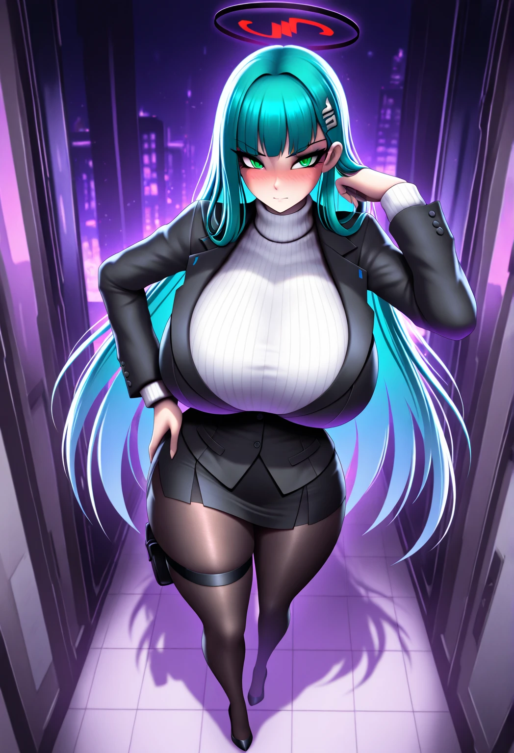 1girl, large breasts, thick thighs, yellow eyes, wide hips, (black hair), colored inner hair, (colored inner hair), green hair, smile, long hair, black bodysuit, bodysuit, bare legs, shoes, green trim, science-fiction, futuristic, neon, tech, neon lights, neon trim, machinery, sitting, crossed legs, (ass), ass, cleavage cutout, cleavage