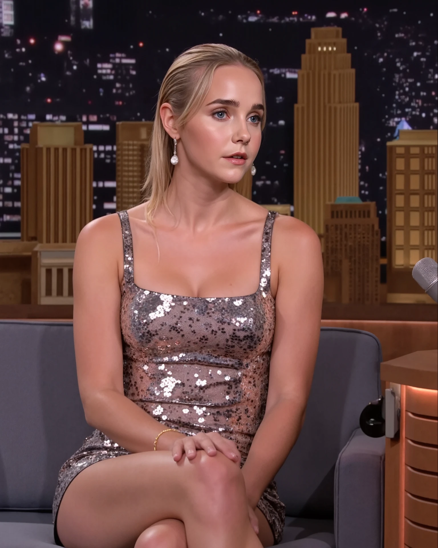 young woman fair skin, blonde hair, narrow shoulders. bright blue eyes rounded shoulders slim frame, thin, petite physique, small breasts. She is wearing A sequin, mesh matte  micro body con dress, sleeveless, low square cut neck line. With long earrings a thin gold bracelet. on a late night talk show sitting on a couch talking with the host that sits behind a wooden desk with a microphone on it. Hair is wet, slicked back, and smooth. Talking with the show host.
