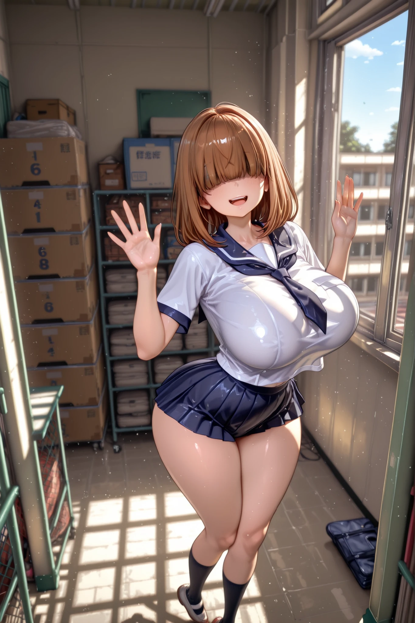 female, inside, school, day, storage room, massive breasts, tight school uniform, bangs over eyes, pleased, smile, , dynamic, sexy, , against the window, open mouth, full body