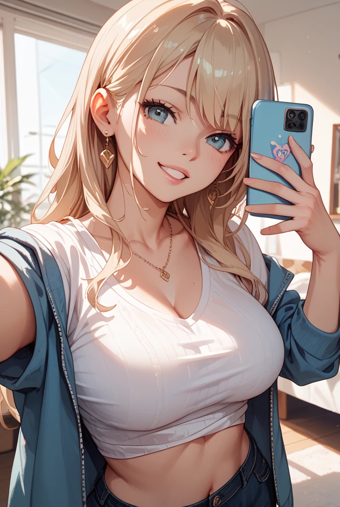 Blonde woman in white shirt and black panties holding a cell phone, seductora chica de anime, Chica androide perfecta, Atractiva chica de anime, Artgerm extremadamente detallado, digital anime illustration, cyber school girl, Ilya Kuvshinov. Arte de anime digital, Arte detallado del anime digital, Oppai cyberpunk, sacando la lengua mojada