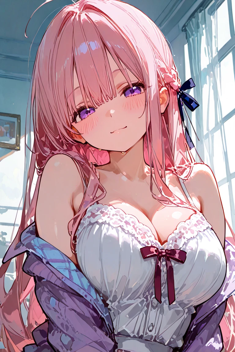 masterpiece, best quality, nsfw,
1girl, from above, sitting, cleavage,
lift up the pleated skirt, sailor suit, white panties, pink hair, evil smile, peace sign,
downtown area, night,