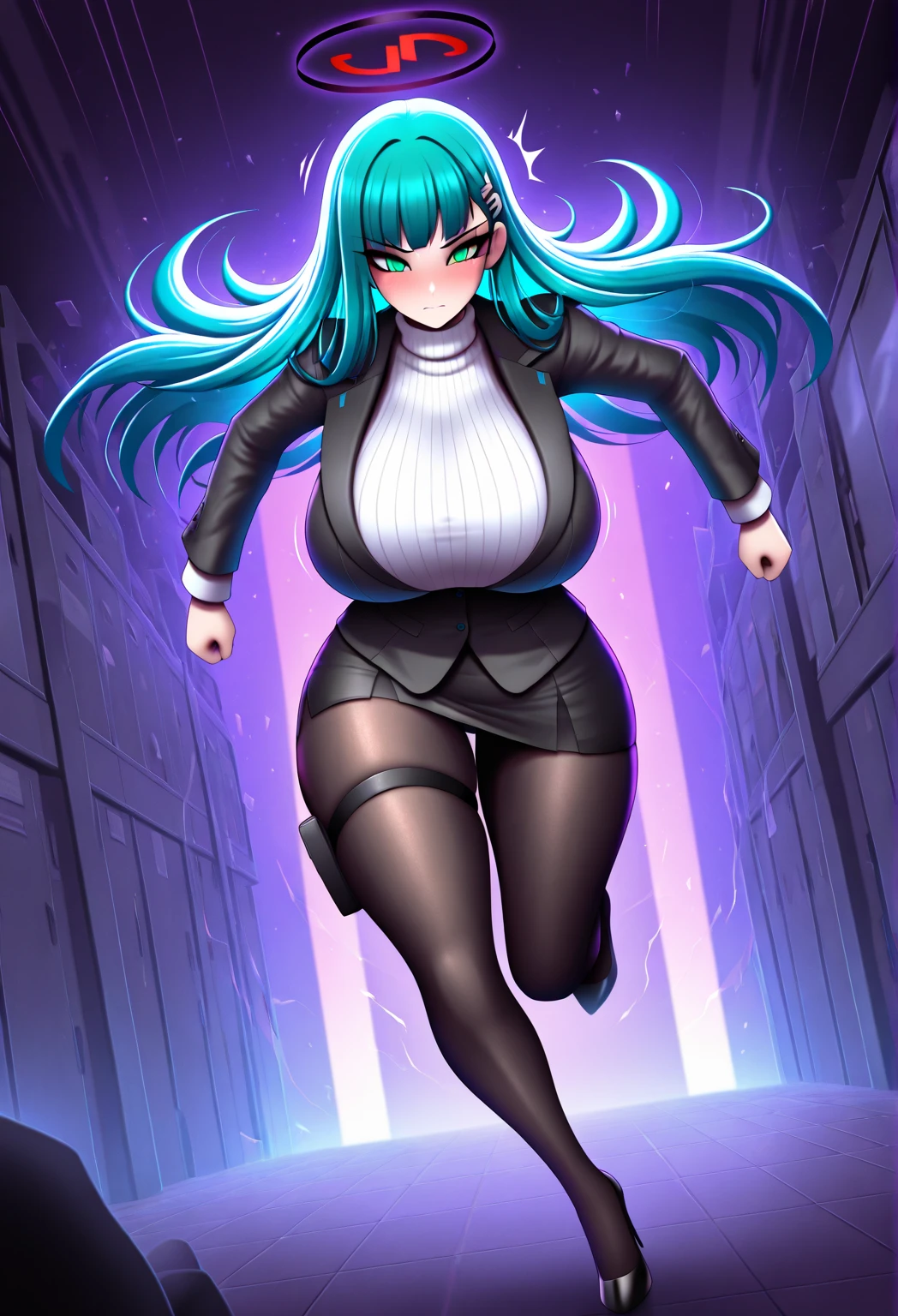 (masterpiece:1.37), best quality, (extremely detailed:1.37), woman, adult, mature, large breasts, (very long hair:1.5), dark purple hair, purple eyes, (extremely detailed eyes:1.37), business suit, necktie, long pencil skirt, pantyhose, (desperation:2.0), (wetting: self 3.0), standing, embarrassed, humiliation, blushing, angry, city, futuristic, neon lighting, high-tech