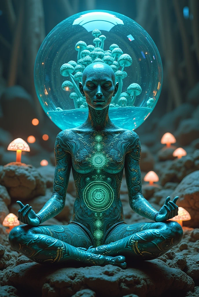I would like a person in a yoga suit in a state of meditation. A subtle light comes out of their chest, drawing the shape of the Kundalini energy forming a mushroom. The background of the landscape is very calm., natural and with stars. In the corner of the image two cute mushrooms intertwined these multi-colored mushrooms evoking a psychedelic trip these mushrooms must be in the corner of the image