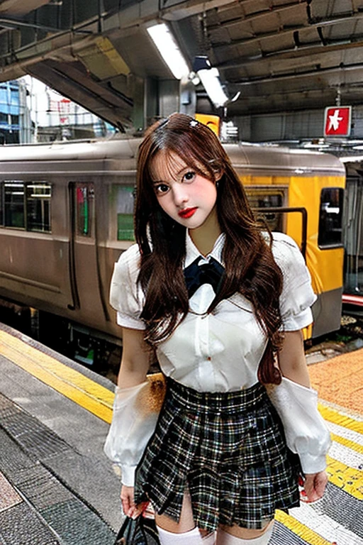 An absurd solution, High resolution, (masterpiece:1.4), ((Giant Breasted)), Super detailed, One girl, Brown eyes, Long black hair,Wear a police uniform and a short skirt, City streets,Sexy posture, The camera is close to the body