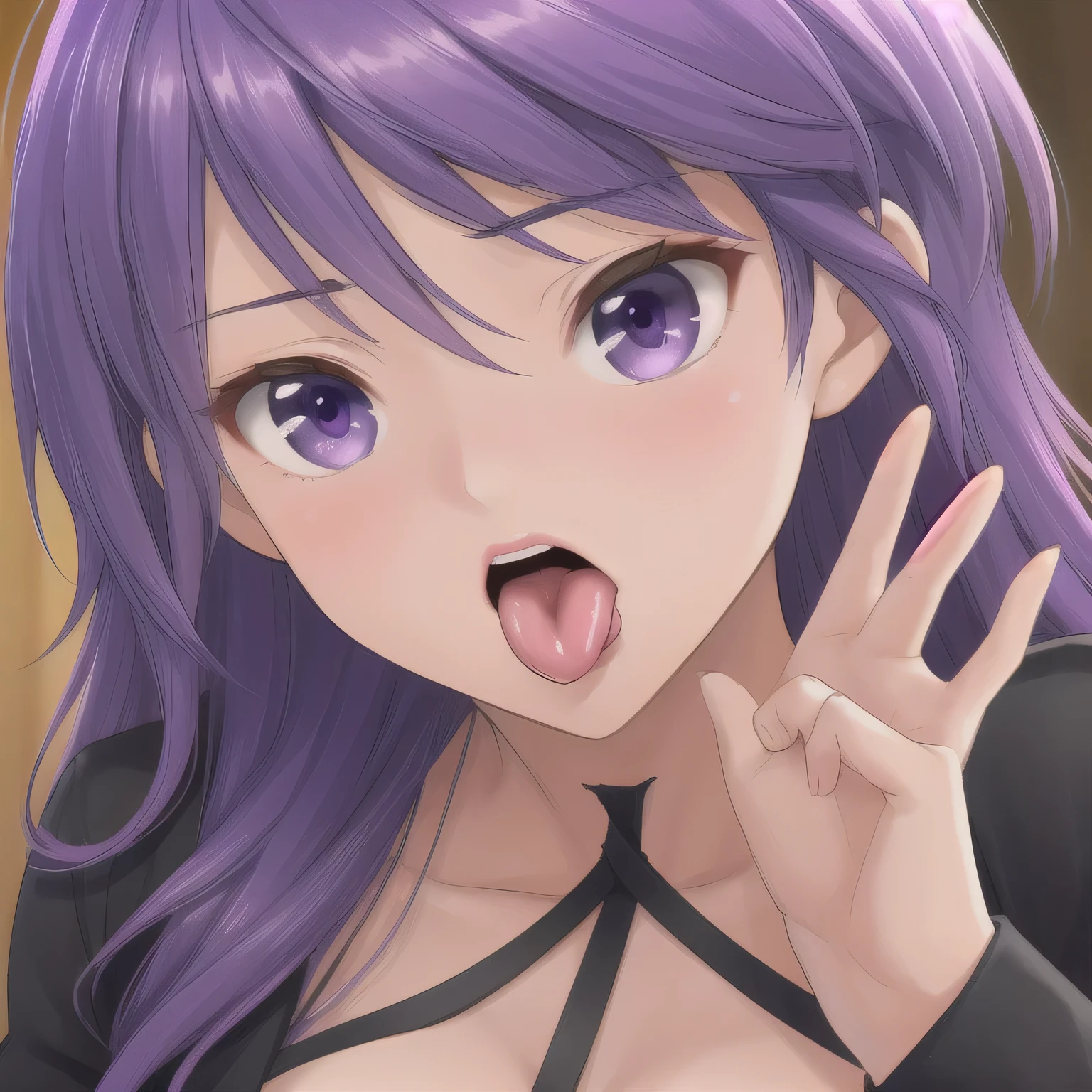 (masterpiece, best quality, ultra-detailed, high resolution, detailed eyes), {vulgar}, nsfw, takeda hiromitsu style, {{{1mature female}}}, curly hair up, purple hair, big eyes, (makeup:1.0), (tears:0.8), slave, pet collar, earrings, (open mouth:1.5), (tongue out:1.5), (blushing:1.3), (drool:1.5), (breath:1.3), (orgasm:1.5), looking at viewer, mouth focus