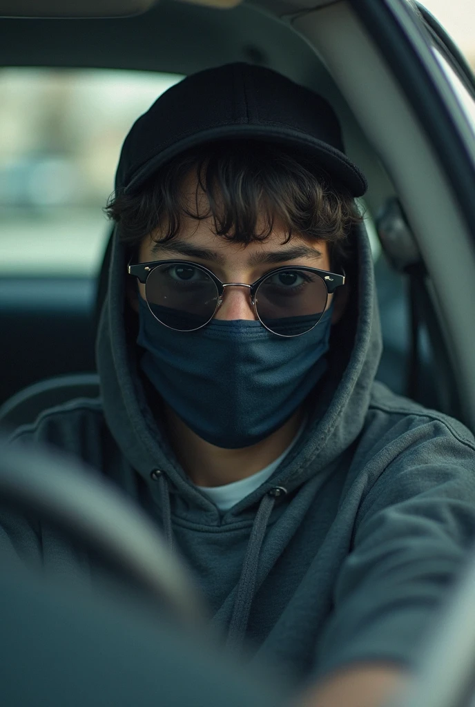 Picture of universitary guy sitting in the back in the car, with a visible diaper.... guy is angry and arms crossed. Looking at the camera. The diaper is: thin side elastic and sky blue color, the middle part of the diaper is white with colorful rocket and star prints. Guy has black hair. Guy has wearing a black hoodie, nerd glases.